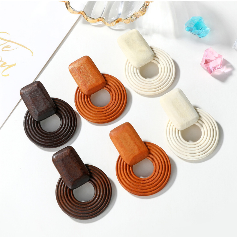 Hollow Out Design Simple Style Round Rectangle Wood Hollow Out Women's Earrings