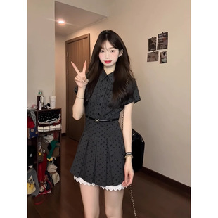 Korean Retro Fake Two-Piece Polka-Dot Short-Sleeved Dress for Women in Spring Preppy Style with Waist Slimming Look A-Line Skirt