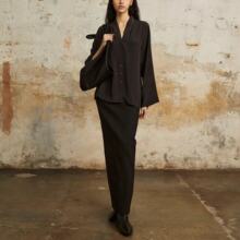 现货 西班牙Cort 真丝V领衬衫女宽松慵懒风丝绸衬衣丝滑百搭上衣