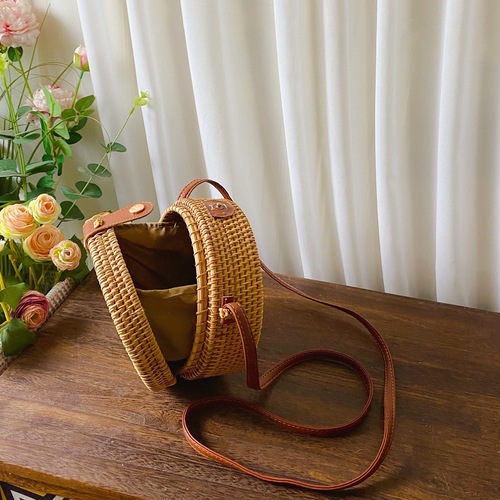 Vietnamese Rattan Round Woven Shoulder Crossbody Storage Bag for Women, Grass Weaving Bag for Travel, Beach and Sand