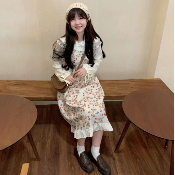 奶甜系温柔风假两件连衣裙女春秋季2025新款长款碎花长袖茶歇裙子|undefined