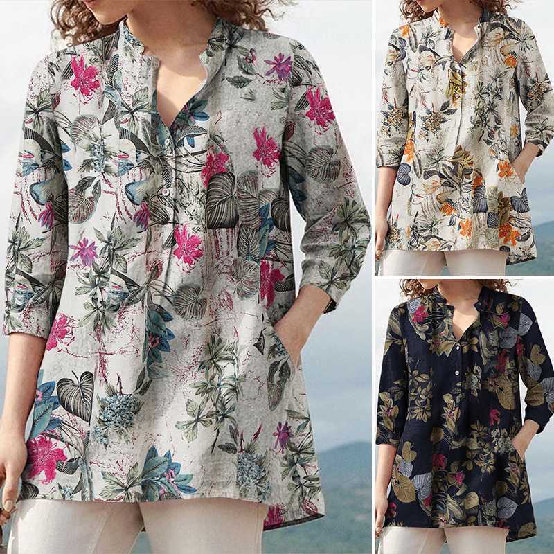 Spot Cross-border Aliexpress Amazon 2023 Autum New Casual Three-quarter Sleeve Shirt Large Size Printed Button