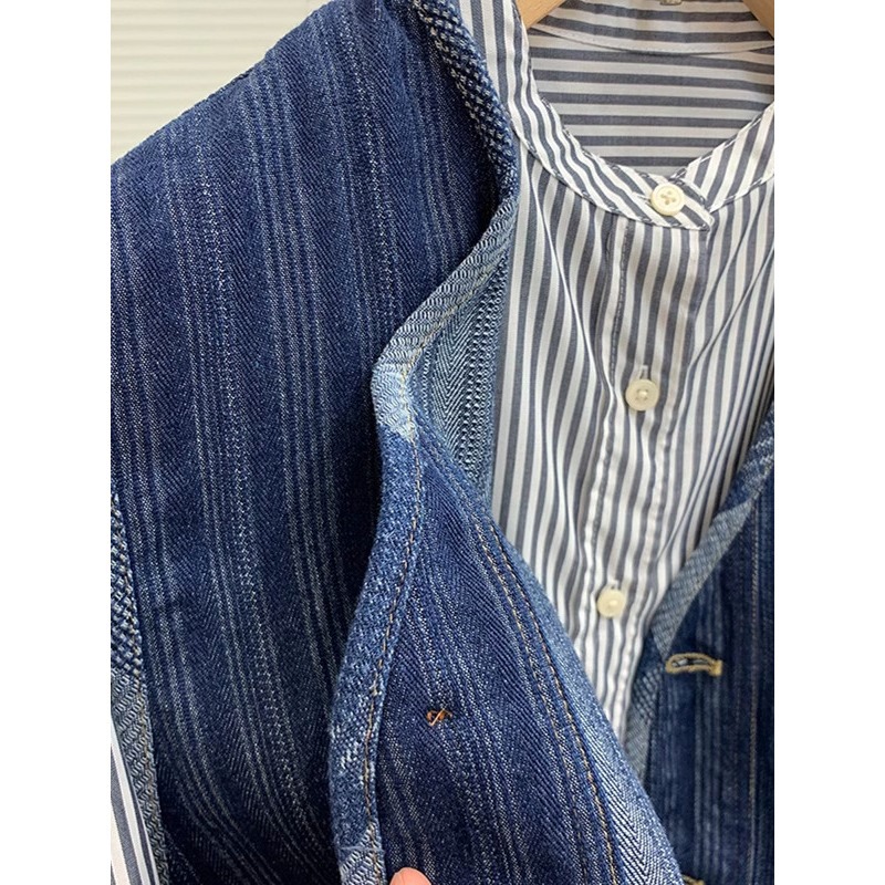 American Retro Washed Color-Block Denim Vest for Men, Loose Casual Spring and Autumn V-Neck Sleeveless Jacket