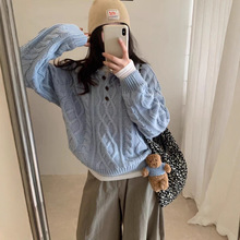 高级感慵懒粗针麻花毛衣女秋冬韩国东大门立领加厚针织衫套头上衣