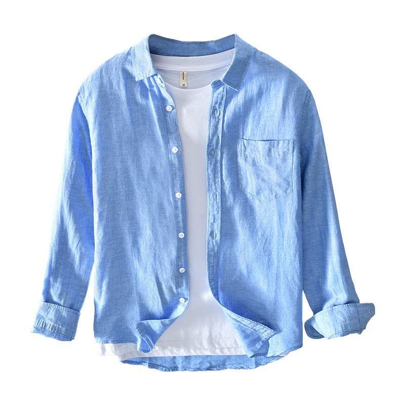 L721 ropa de abrigo casual diaria camisa de todos los hombres camisa de lino de manga larga de color sólido hombres jóvenes entrega de una pieza