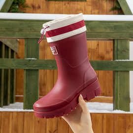 女士雨鞋防滑中筒红色加棉加绒内胆时尚款女式雨靴厚底耐磨加厚