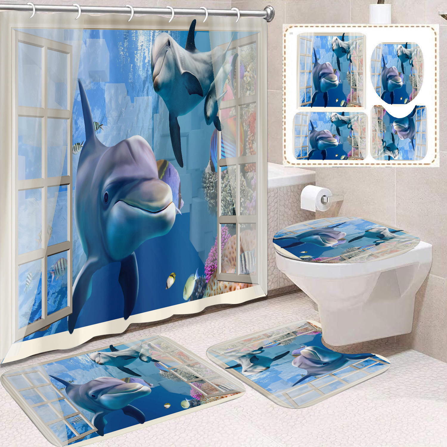 Cortina de ducha transfronteriza con diseño de delfines azules, estampada digitalmente, de poliéster, sin perforaciones, para baño, decoración del hogar image 18