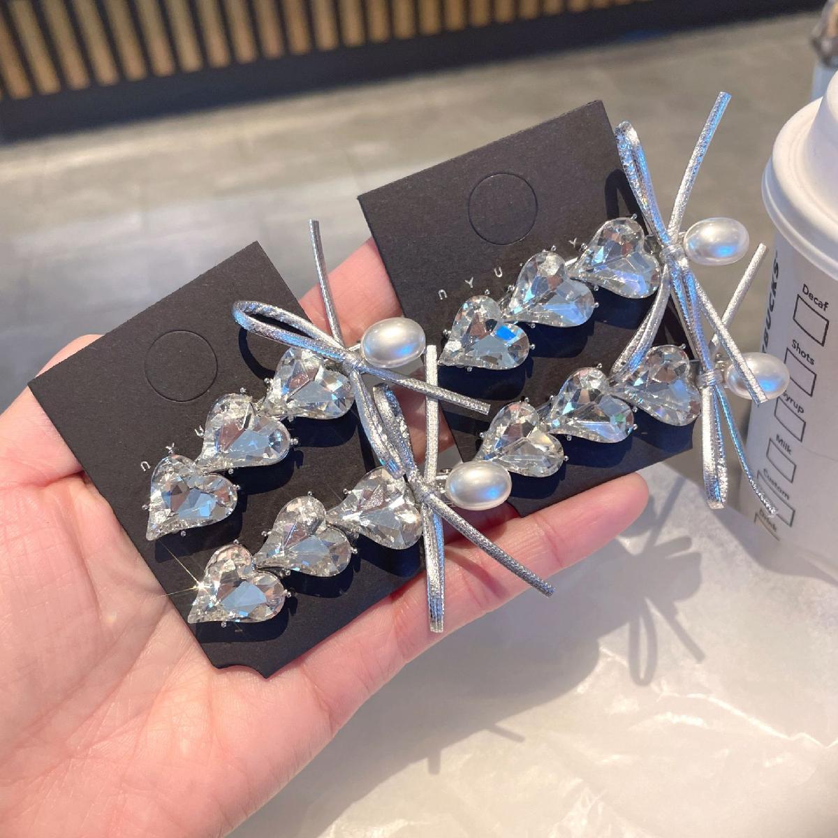 High-End Heart-Shaped Large Crystal Duckbill Clip Curved Hairpin Shiny Silver Bow Hair Clip Side Clip Bangs Clip