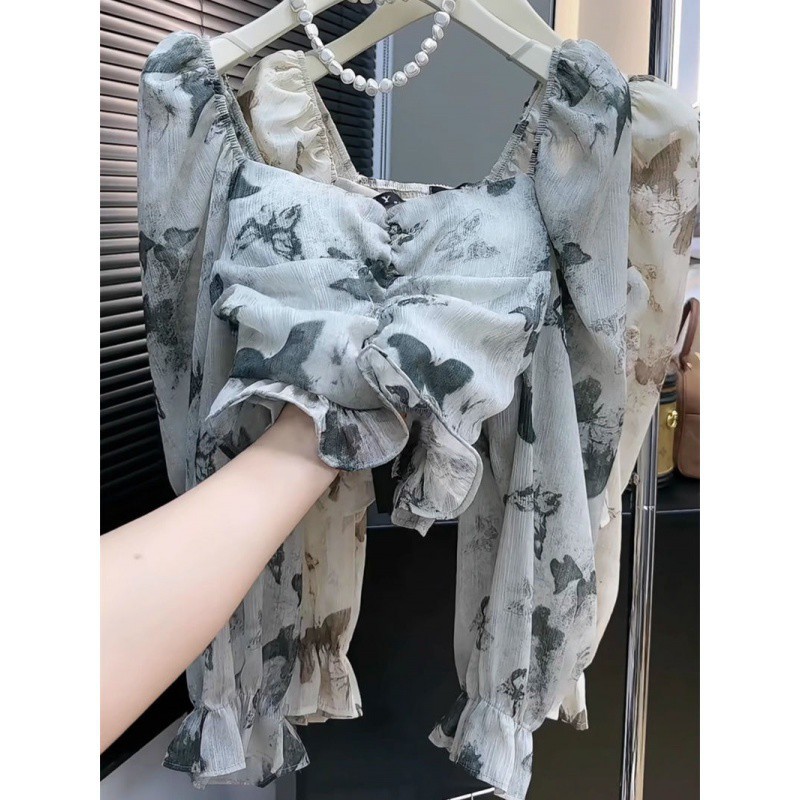 法式方领晕染碎花雪纺衬衫女春夏2024新款小香风短款防晒衫上衣潮