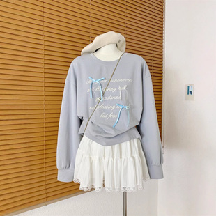 Bow Letter Sweatshirt Women's Korean Style Daughter 2025 Autumn New Style Fresh Loose Spring and Autumn Thin Top Trendy