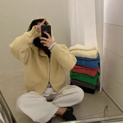 设计感反套工艺韩系慵懒连帽拉链针织开衫女秋冬韩标宽松毛衣外套