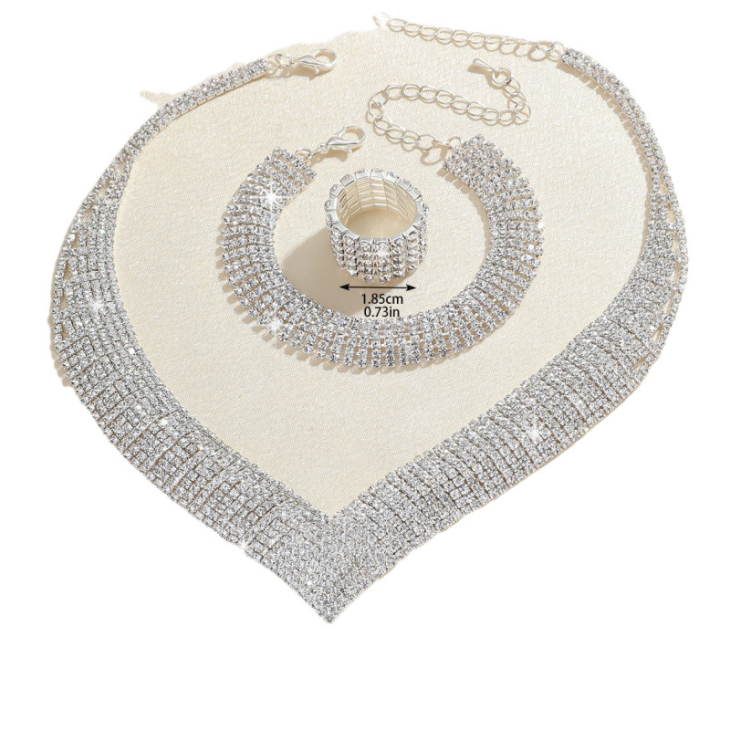 Fashionable popular atmospheric rhinestone silver plated bridal jewelry necklace bracelet elastic ring suit dress_voghion.com