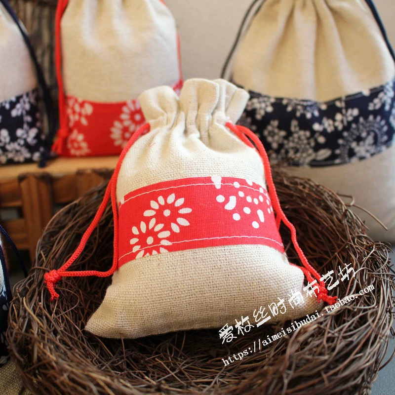 Cloth bag, Chinese style, drawstring, cotton and linen, for luck