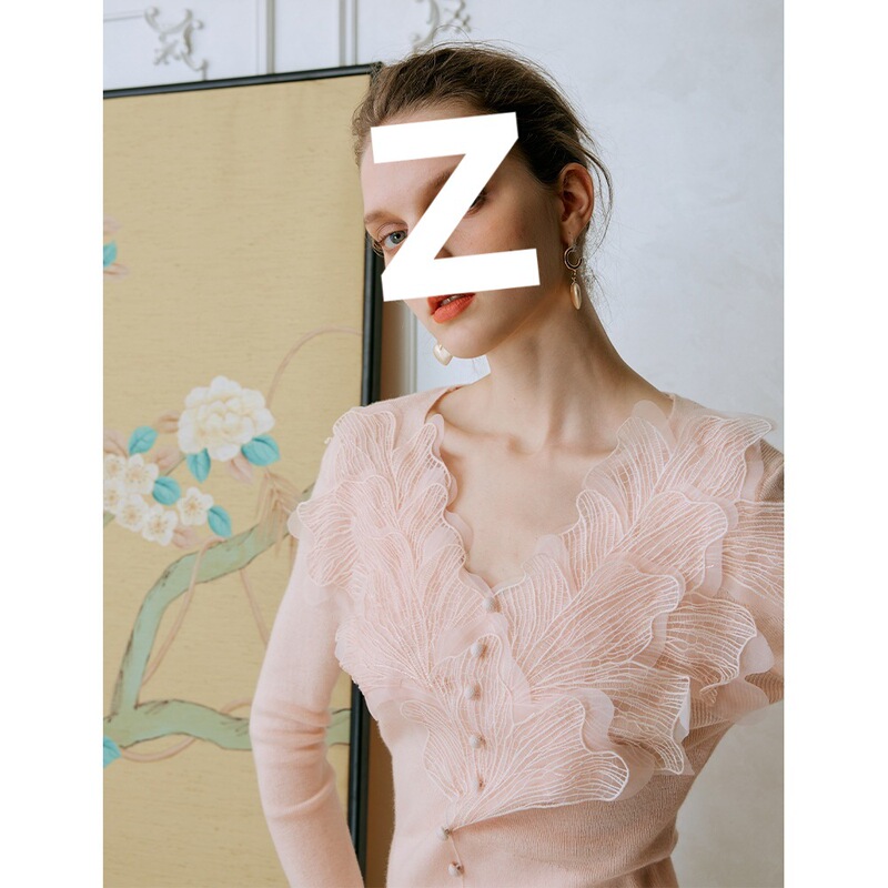 Pink Feather Wool Knitted Shirt Base Shirt Women's Early Spring New Lace High Sense Inner Top
