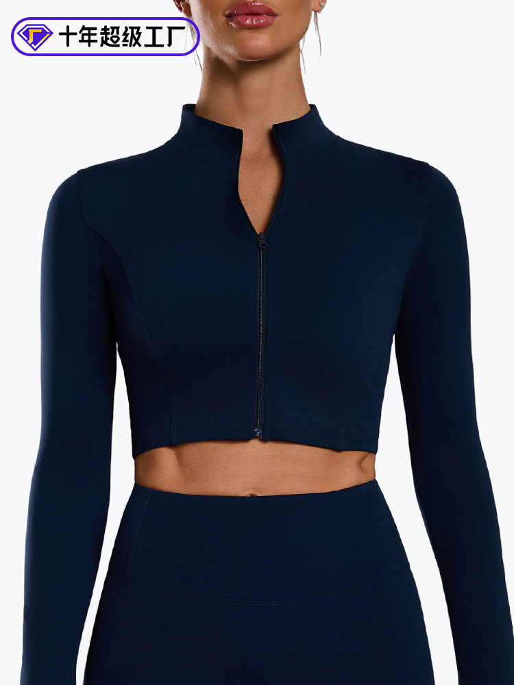 Cárdigan con cremallera con cuello alto transfronterizo europeo y americano, ropa deportiva de manga larga con agujero para el pulgar, ropa de yoga desnuda delgada, mujer de manga larga otoño e invierno