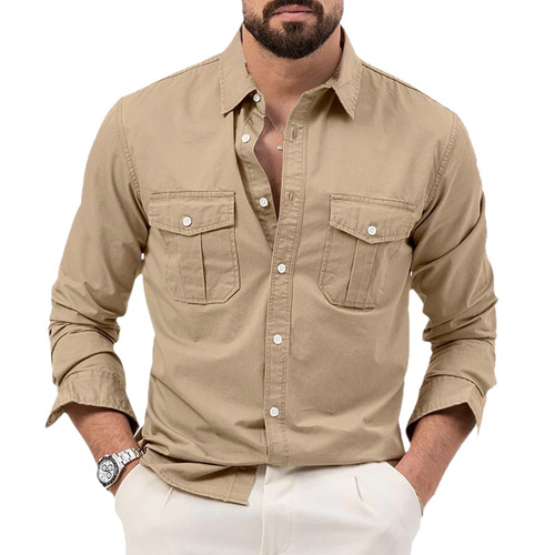 Men's 2025 Western and European Style Long-Sleeve Shirt with Multiple Pockets Casual Top