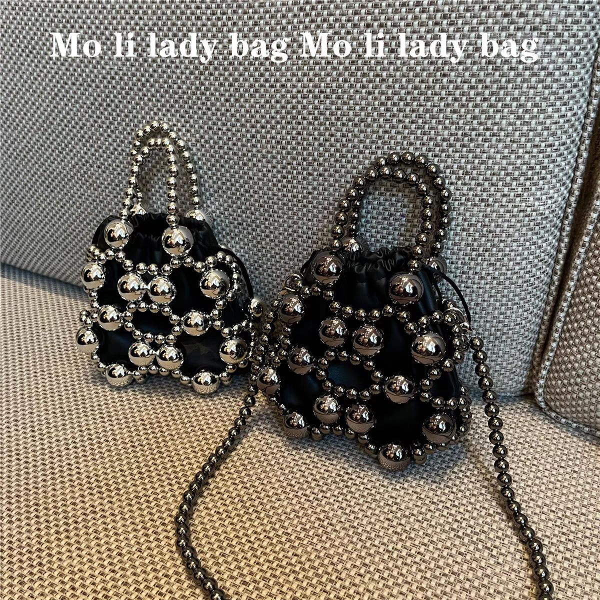 新品网红同款时尚2024暗黑串珠小废包凹造型手提手拎斜挎包珍珠