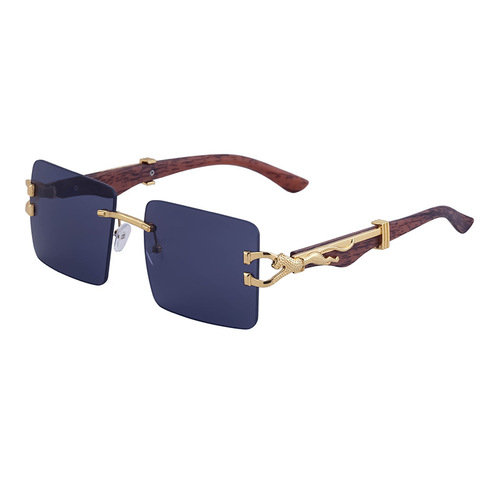 Retro frameless sunglasses for men, personalized leopard wood grain temples, square frame sunglasses for women, cross-border wholesale shades