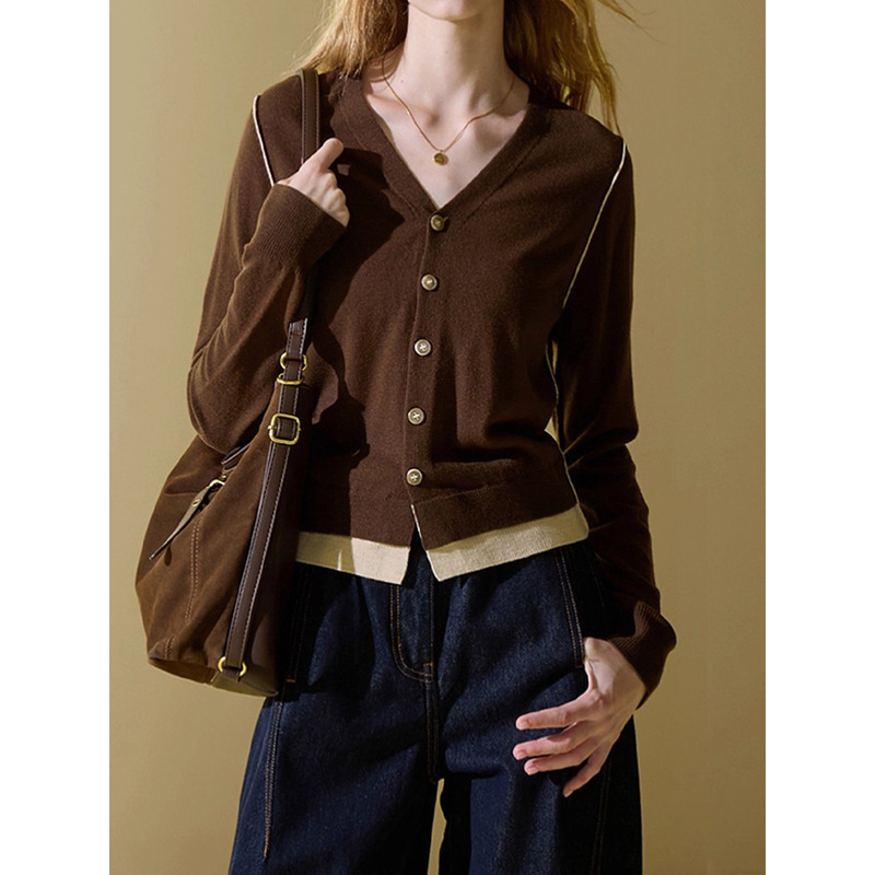 In-Stock Manufacturer Wholesale New Style Melard V-Neck Color-Block Knit Cardigan Women's Versatile Top Women