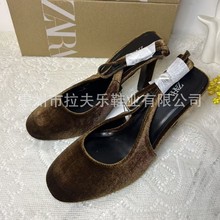 ZA2025新款女鞋高端大气天鹅绒欧美圆包头一字后绑带超高跟凉鞋女