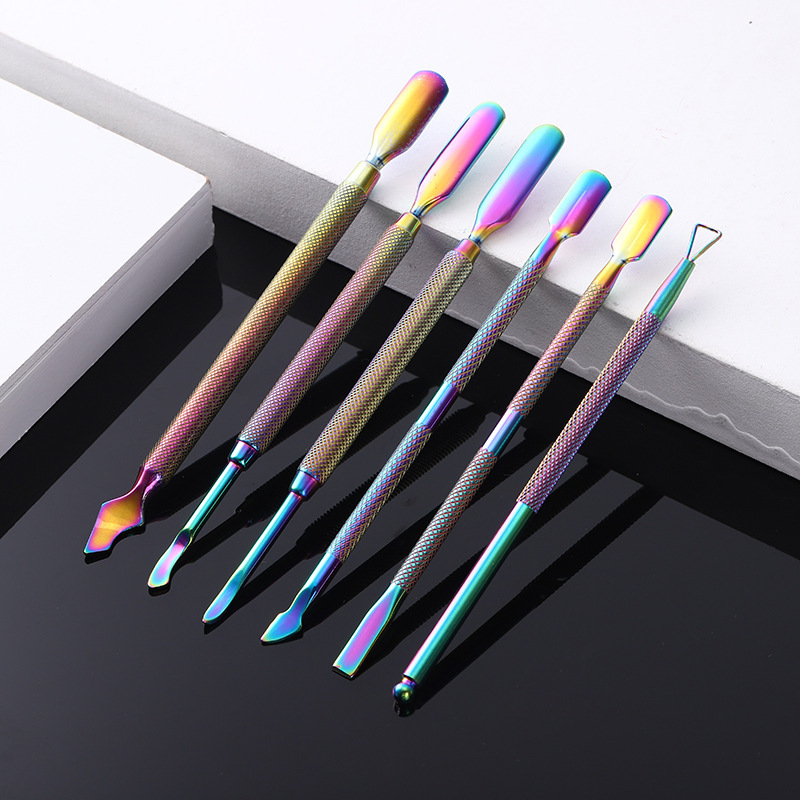 Spot direct selling steel push set nail art dead skin push gradient color manicure tool double head nail removal knife colorful barb