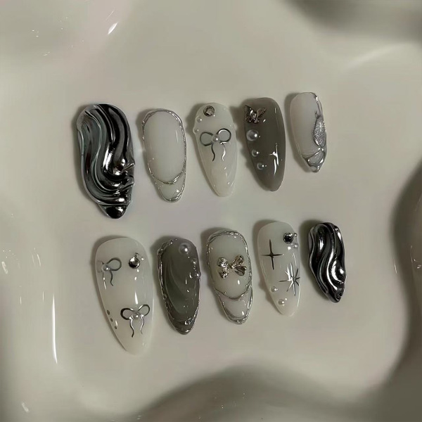 Purely Handmade Mid-Length European and American Almond Nails 3D Stereo Carved Gradient Shell Pearl Elegant High-End Fake Nails