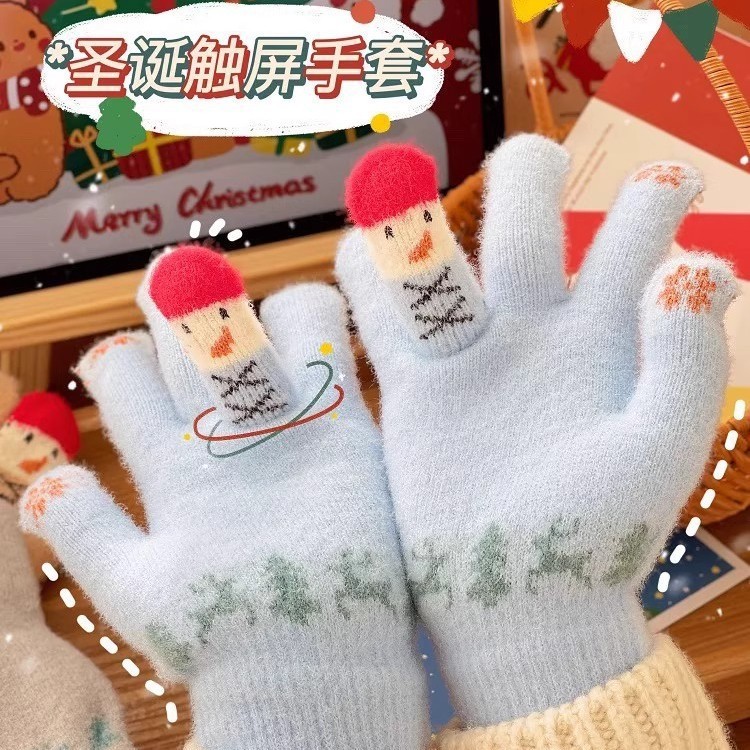 毛线手套女冬季可爱雪人针织可触屏加厚保暖骑行车五指冬天防寒棉|undefined