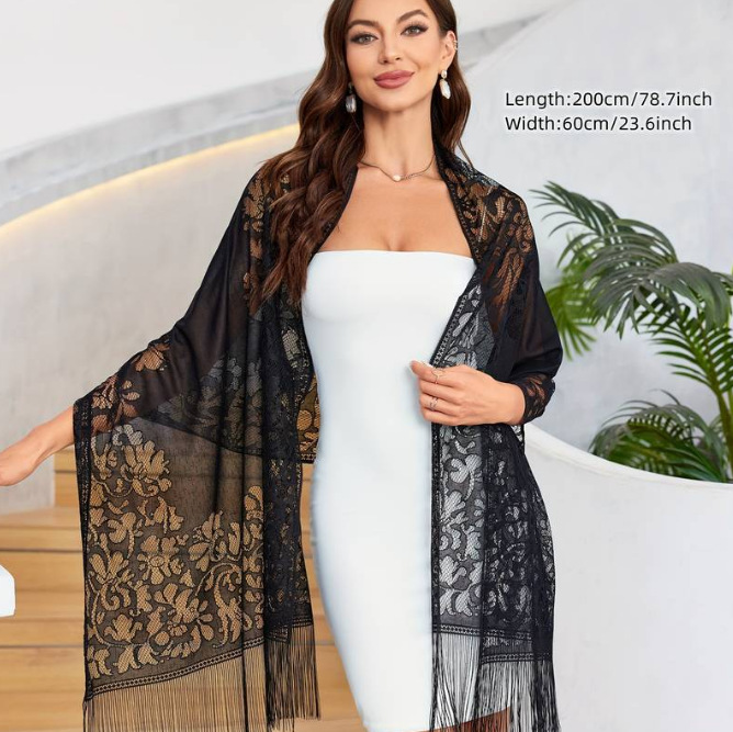 Cross-Border New Summer Lace Hollow-Out Tassel Shawl for Women, Sun-Protective Beach Cover-Up, Elegant Ladylike Style Long Chiffon Scarf