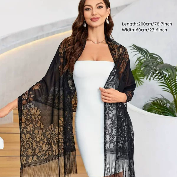 Cross-Border New Summer Lace Hollow-Out Tassel Shawl for Women, Sun-Protective Beach Cover-Up, Elegant Ladylike Style Long Chiffon Scarf