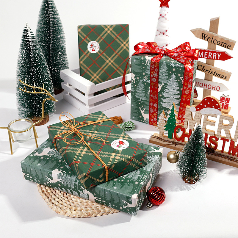Amazon Navidad transfronteriza hecha a mano papel de embalaje verde alce árbol de Navidad regalo caja de regalo papel de embalaje al por mayor