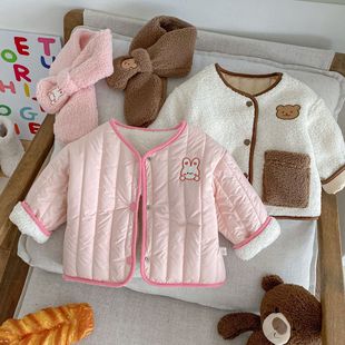 Children's Velvet Reversible Cotton Jacket with Scarf 2025 Winter New Baby Cartoon Warm Cotton Jacket Trendy Ay597