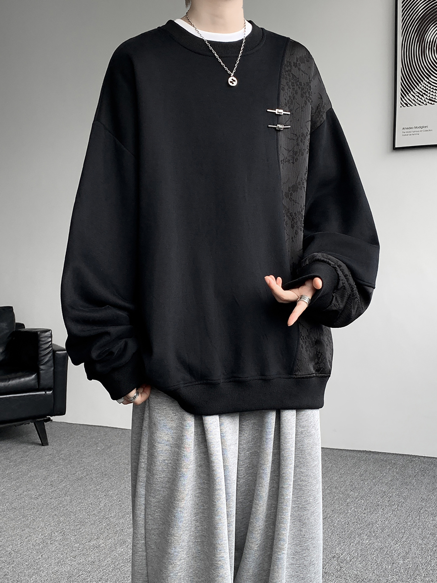 新中式金属盘扣重磅卫衣男秋冬情侣马甲拼接长袖t恤宽松休闲外套