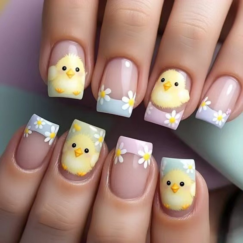 Easter Colorful French-Style Chick Spring and Summer White Daisy Design Short Square Press-On Nails Fake Nails Nail Tips Easter Colorful French-Style Chick Spring and Summer White Daisy Design Short Square Press-On Nails Fake Nails Nail Tips