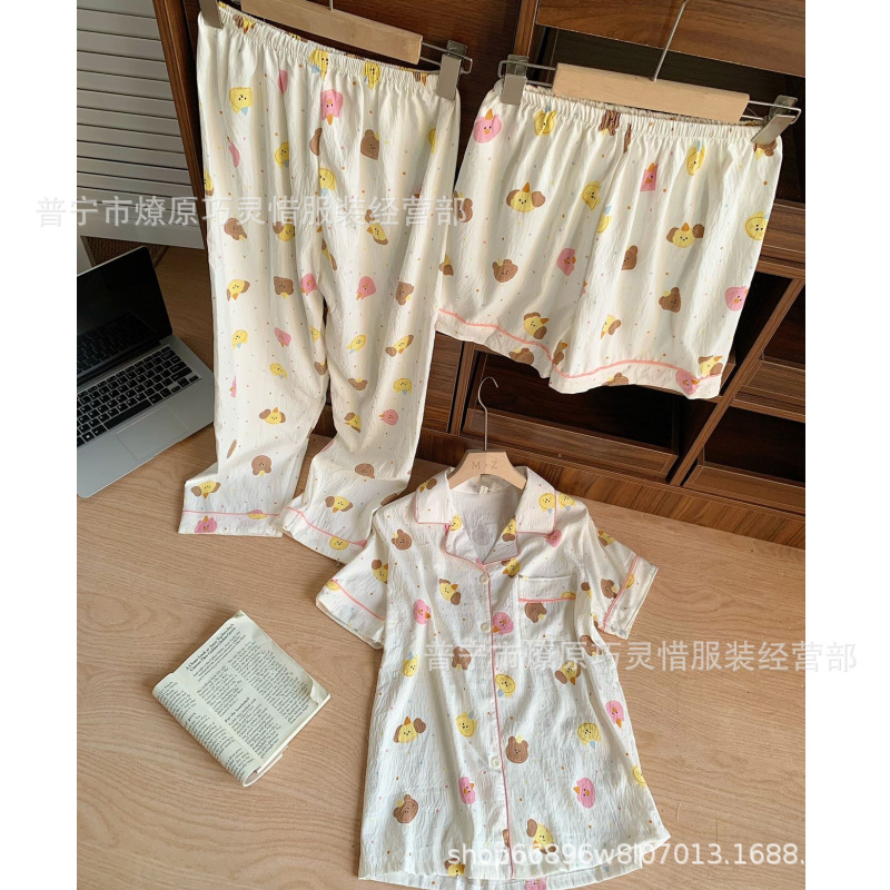 Pajamas de tres piezas de torta de oso para mujeres de verano, pantalones de manga corta, nubes de algodón adorable, viento en 2025 nueva ropa para el hogar