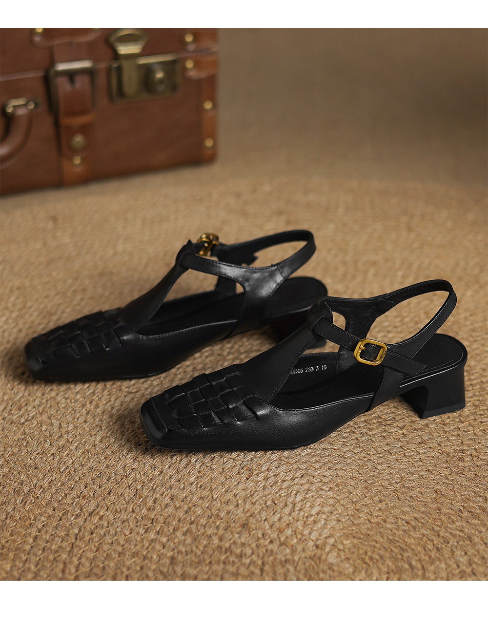 Sandal Mary Jane nữ mũi vuông da bò gót thấp quai chữ T đan dây — đen chi tiết 14