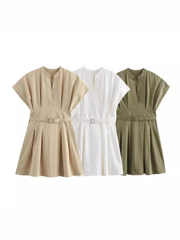 Foreign Trade Wholesale Aliexpress Za Series French Style Belted Elegant Short Slim Shirt Dress 4043251