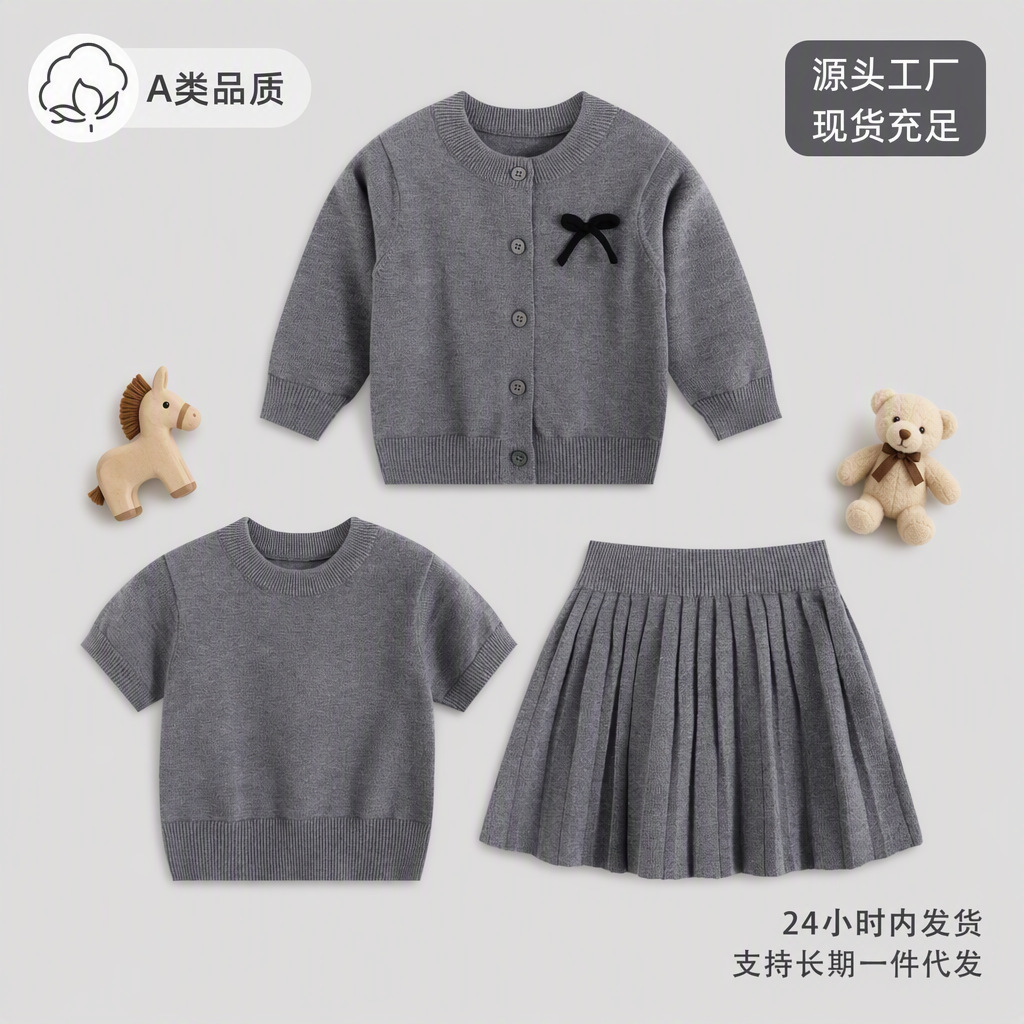 Spring and Autumn Girls' Bow Knitted Set, Category A, Baby Girl Cardigan, Short-Sleeved Pleated Skirt, Children's Sweater Set