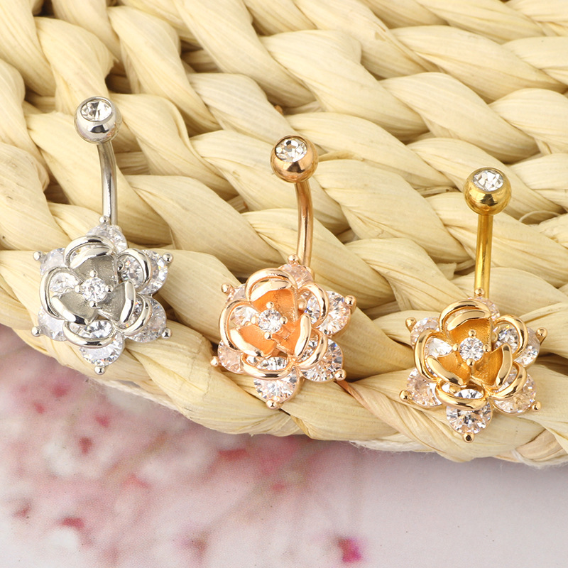 Exquisite Rose Gold Zircon Flower Navel Ring Stainless Steel Belly Button Piercing Jewelry detail image 8