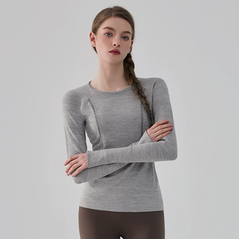 Demi-season fitted sports yoga clothing, long-sleeve for training for gym, round collar, for running