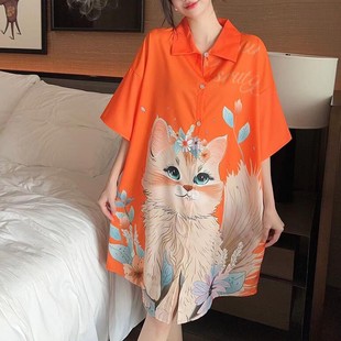 Korean Style New Ice Silk Nightgown for Women Summer Thin Sexy Cardigan Pajamas High-End Light Luxury Loose Home Clothes for Women