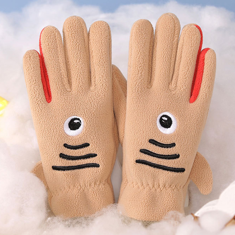 Guantes de invierno para niños con guantes de terciopelo de dibujos animados al aire libre para montar a favor de la piel, guantes de terciopelo de grano para niños y niñas.