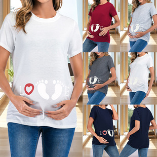 2025 European and American Cross-border Foot Crewneck Printed New Summer Fashion plus size Maternity Top T-shirt Top