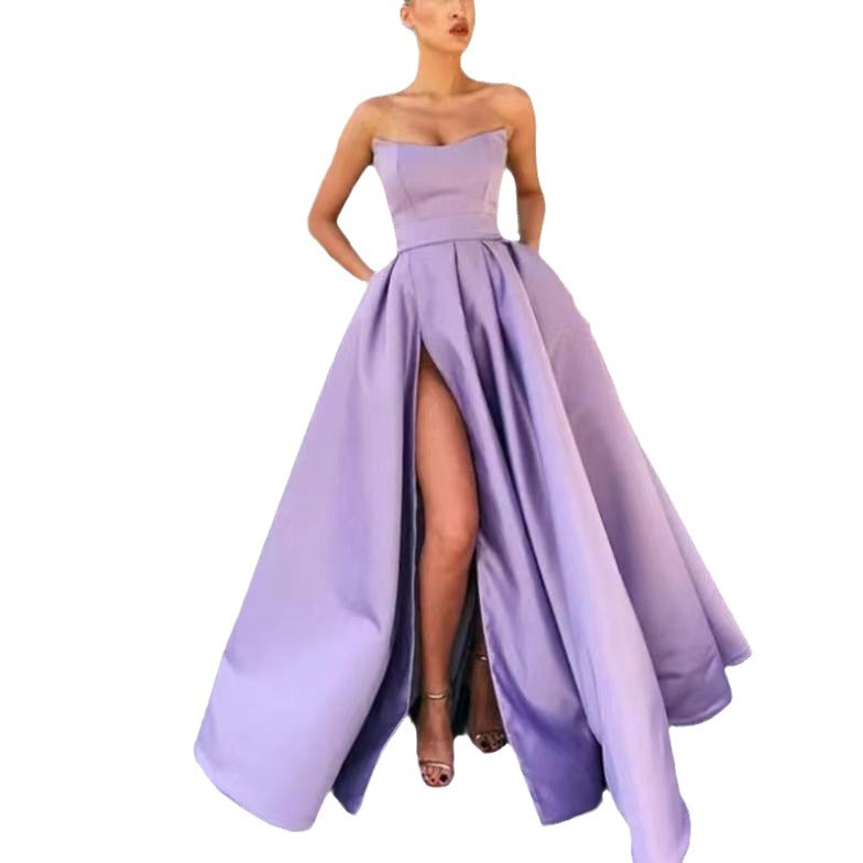2025 nuevo vestido de comercio exterior europeo y americano, vestido de actuación, top de tubo sexy, vestido de noche de anfitrión de banquete largo dividido