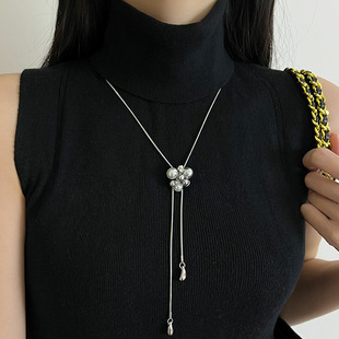 Zircon Pearl Tassel Pull-Out Necklace Women's Niche Light Luxury High-Quality Water Drop Pendant Long Sweater Chain Accessories