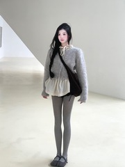 仿马海毛灰色复古毛衣外套女秋季2025新款休闲针织短款露肚脐上衣