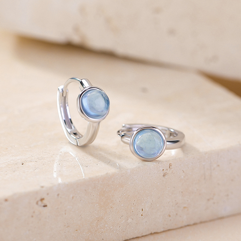 Bông tai bạc S925 hình tròn đính đá sapphire biển phong cách hình học — Một cặp