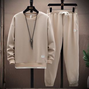 Cross-border wholesale 2024 new waffle sweater suit men's autumn solid color long sleeve T-shirt pants sports leisure