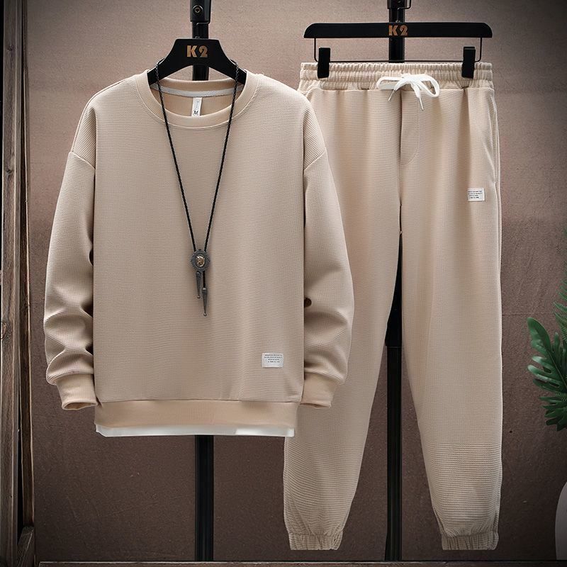 Cross-Border Wholesale 2024 New Waffle Weave Sweatshirt Set for Men, Autumn Long-Sleeve T-Shirt and Long Pants, Sports Casual