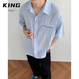 夏季简约设计商务纯色蓝色条纹短袖衬衫上班休闲衬衣男