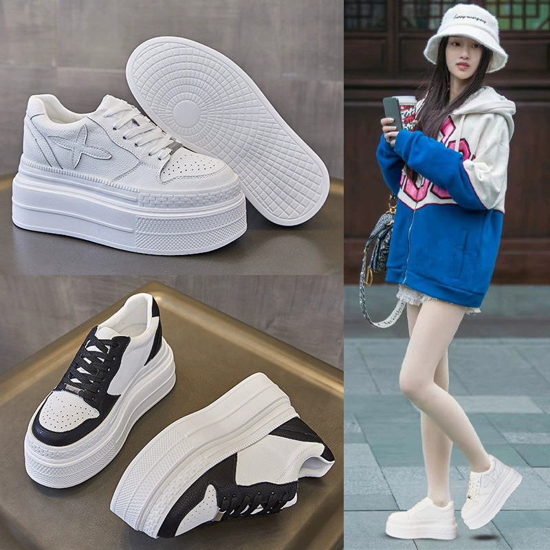 Кожаная толстая подошва маленькая белая обувь женская осень новый рост 8CM шнуровка модный сплошной цвет повседневная дышащая маленькая белая обувь женская